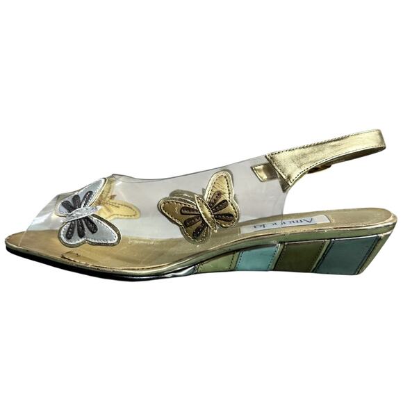Amanda Heel Women 9W Gold Silver Kitten Heel Sling Back Clear Butterfly 90s Boho - Picture 1 of 8